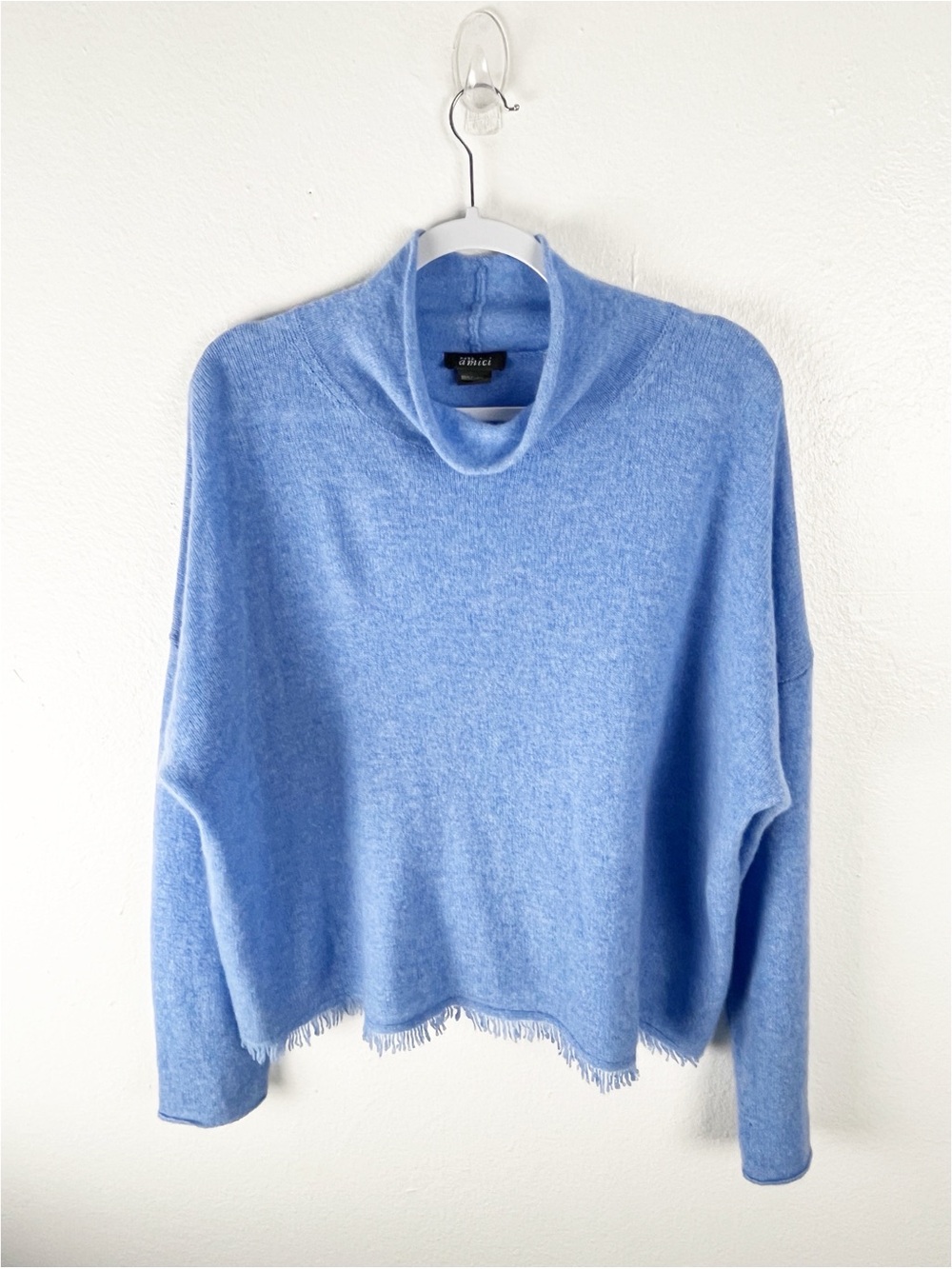 PURE AMICI 100% Cashmere Soft Light Blue Fringe Trim High Neck Sweater Size 2